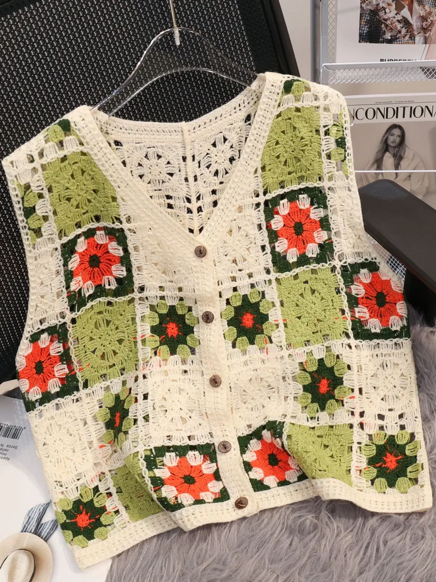 여성 브이넥 기하학 꽃무늬 가디건, 꽃무늬 파인 니트 조끼, 빈티지 루즈핏 크롭탑, 여름