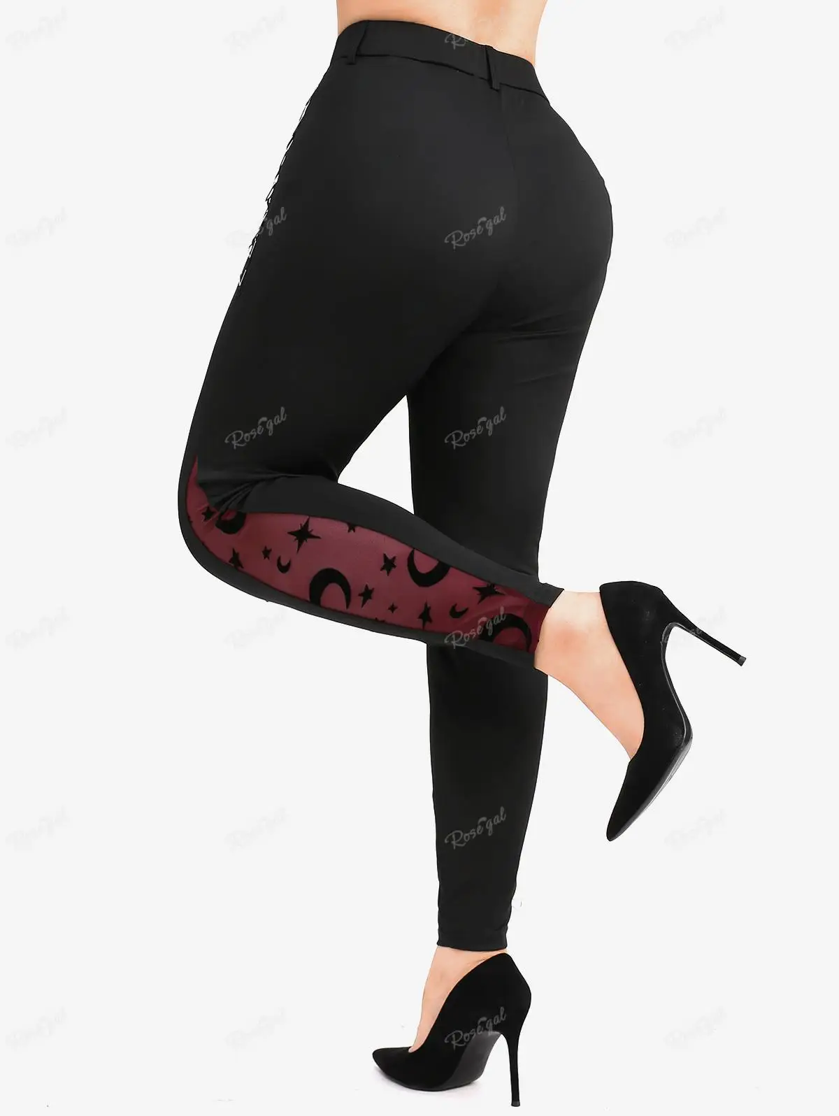 ROSEGAL  Plus Size Leggings Women's Mesh Panel Moon Star Print Layered Triangle Side Skinny Bottoms Casual Pencil Pants Trousers