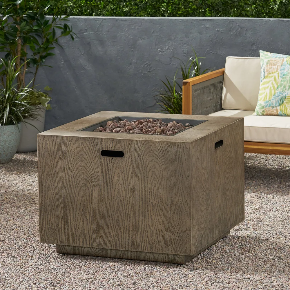 Outdoor Patio Gas Burning Fire Pit-50, 000 BTU Tank Inside, Square, Iron Wood Pattern, Brown