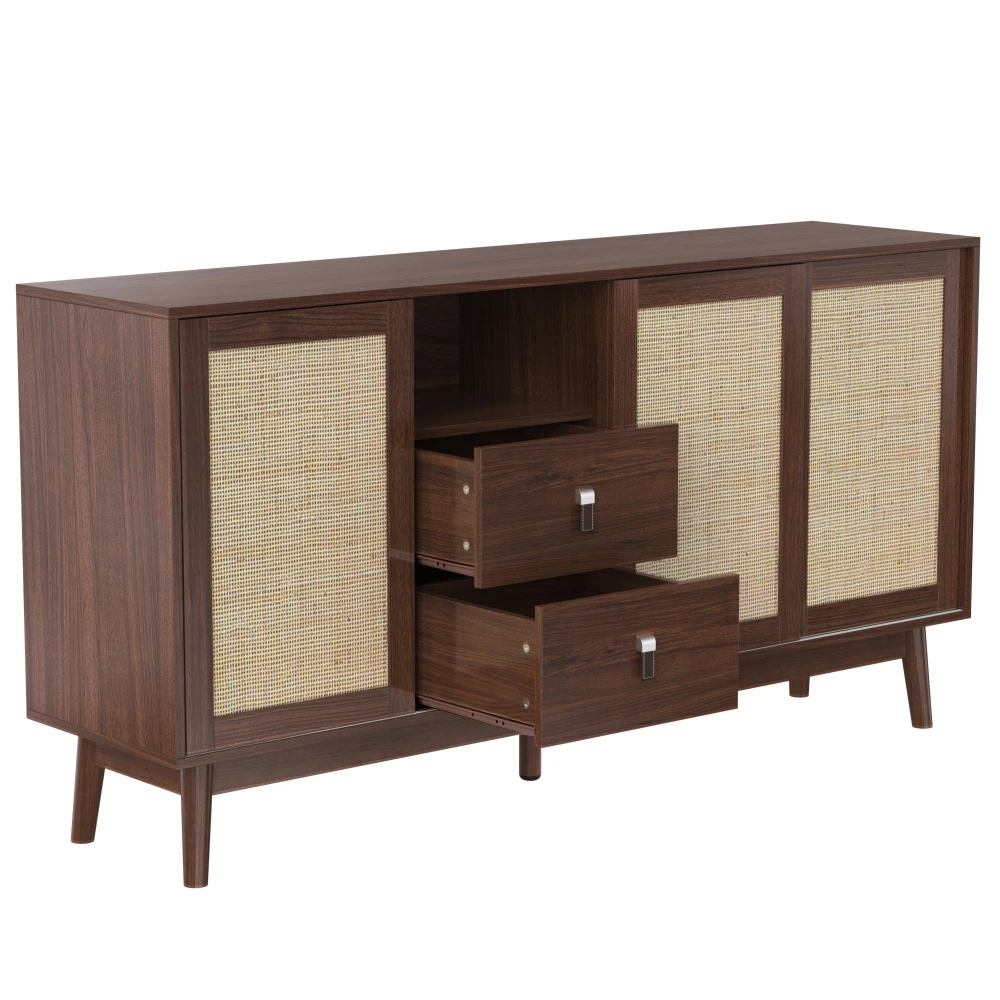 Sideboard im Rattan-Stil – 3 Rattan-Schiebetüren und Schubladen, 155 x 38 x 80 cm, atmungsaktive, vielseitige Aufbewahrung für Wohnzimmer/Esszimmer – Detail 4