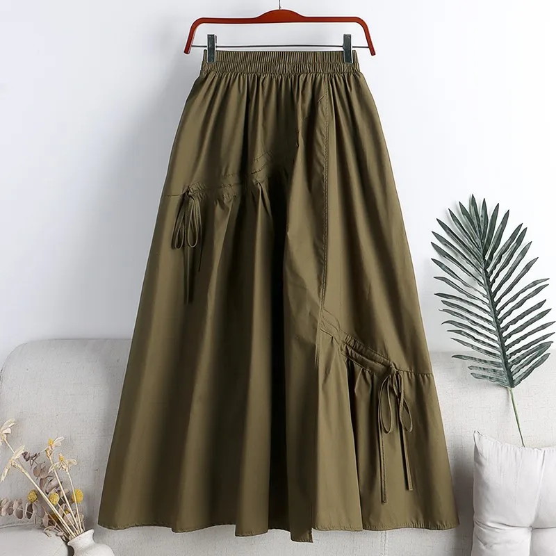 일본식 Drawstring 묶인 주름 치마 여성의 새로운 2023 슬리밍 중간 길이 엉덩이 커버 캐주얼 a 라인 우산 스커트
