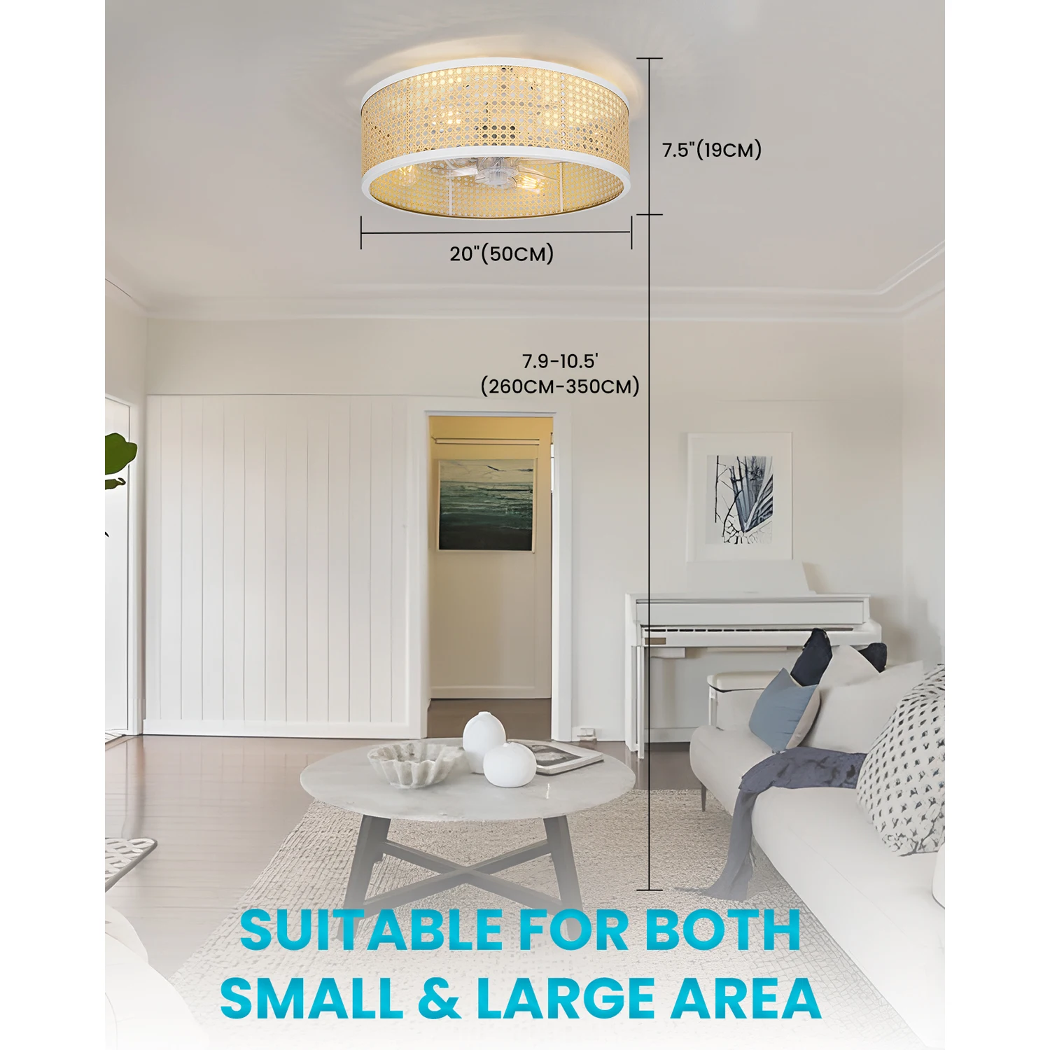 20" Rattan Ceiling Fan with Light & Remote Control, Drum Shade, Bladeless/6 Speed/Timer/Quiet DC Motor/Low Profile, for Bedroom