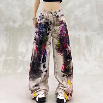 Y2k Jeans Ladies Cool Painted Graffiti With High Waist and Loose Fit Torn Jeans for Woman Women's Denim Pants Coquette Jean Pant 1