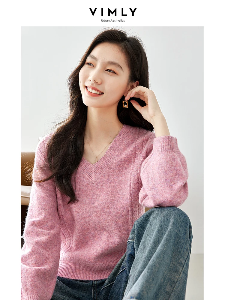 

Vimly Autumn Soft Woolen Pink Sweater Pullover Women Knitwear 2023 Fall Fashion V-neck Long Lantern Sleeve Knit Top Jumper 72358