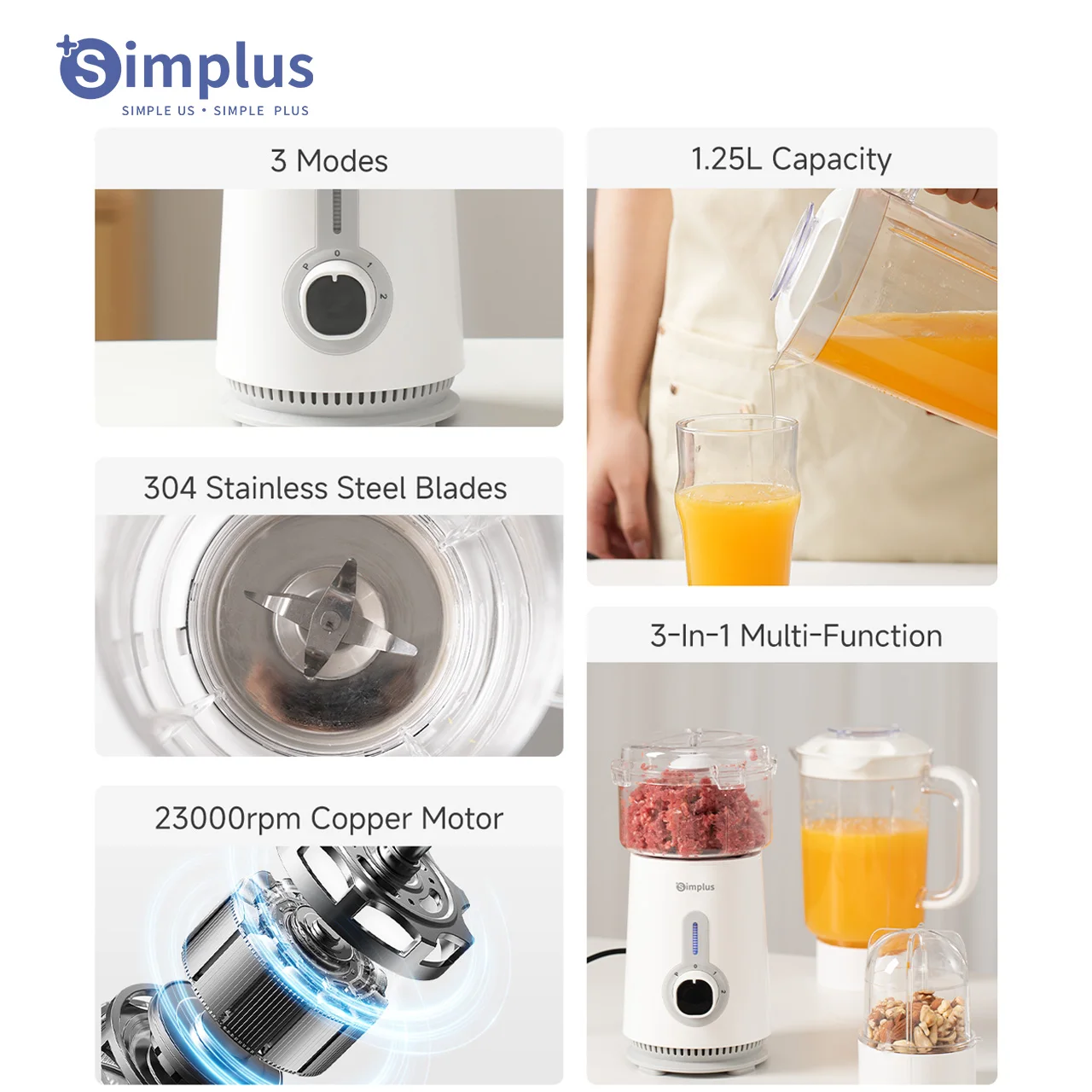 Simplus 3 in 1 Blender  Multi-function 1.25L Capacity 380W Copper Motor 3 Cups With 3 Blade Types Juicing Mincing Grinding 4