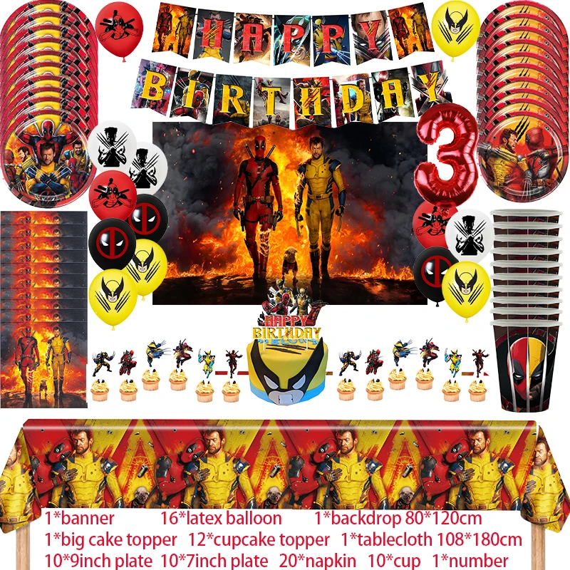thumbnail image 1 of Deadpool y Wolverine decoración de fiesta de cumpleaños globo vajilla Banner telón de fondo pastel Topper suministros de cumpleaños Baby Shower, 1 of 5