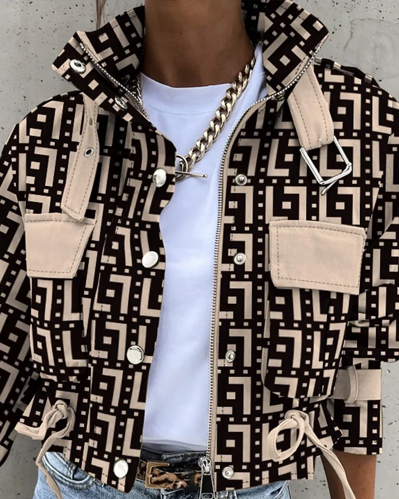 New Autumn Jacket for Women Fashion Geometric Print Pocket Design Causal Zipper Office Biker Jacket