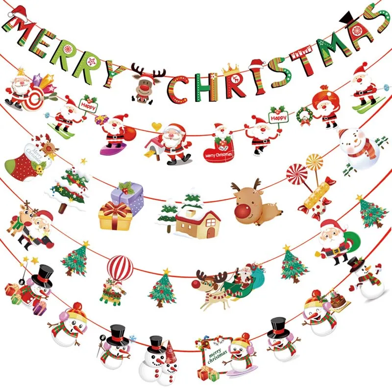 3m Christmas Banners Paper Hanging Flags Santa Claus Snowman Deer Xmas Tree Bunting Garland Merry Decorations for Home | Дом и сад