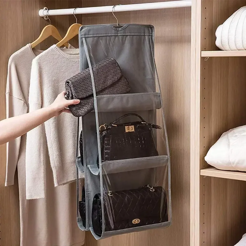 6 Pocket Hanging Handbag Organizer For Wardrobe Closet Gray Waterproof Storage Bag Door Wall Clear Sundry Bag With Hanger Pouch