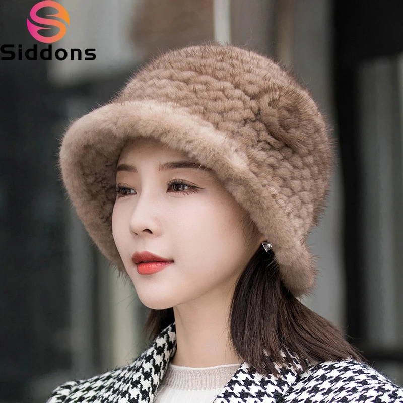 Women Hat Woman Hat Winter Solid Mink Caps With Flower Natural Mink Fur Hats New Russian Girl Soft Knitting Real Fur Bucket Hats Warm