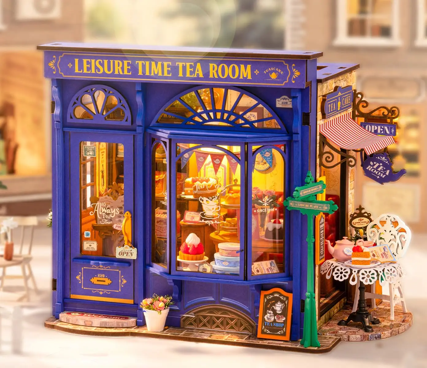 Robotime DIY Miniature Leisure Time Tea Room Dollhouse 3D Wooden Puzzle Toys Precolored Wood Home Decor for Teens&Adults
