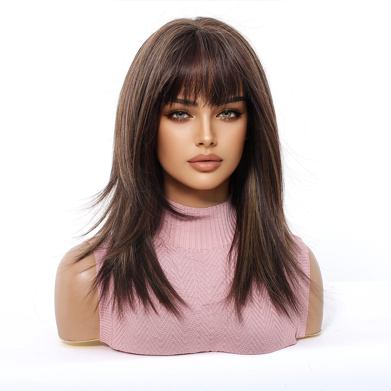 Medium Length Straight Layered Synthetic Wig Brown Highlight Wigs Natural Looking Wig With Bangs Heat Resistant Afro