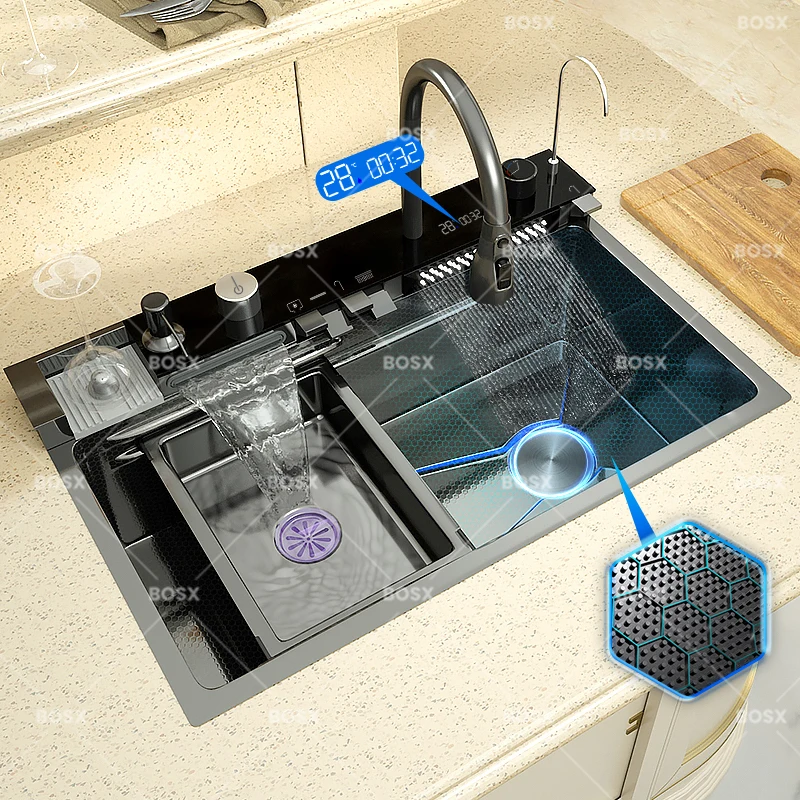 Stainless Steel Kitchen Sink With Waterfall Extra Large Single Slot Cup washer Digital Display Multifunctional Dishwashing Sinks