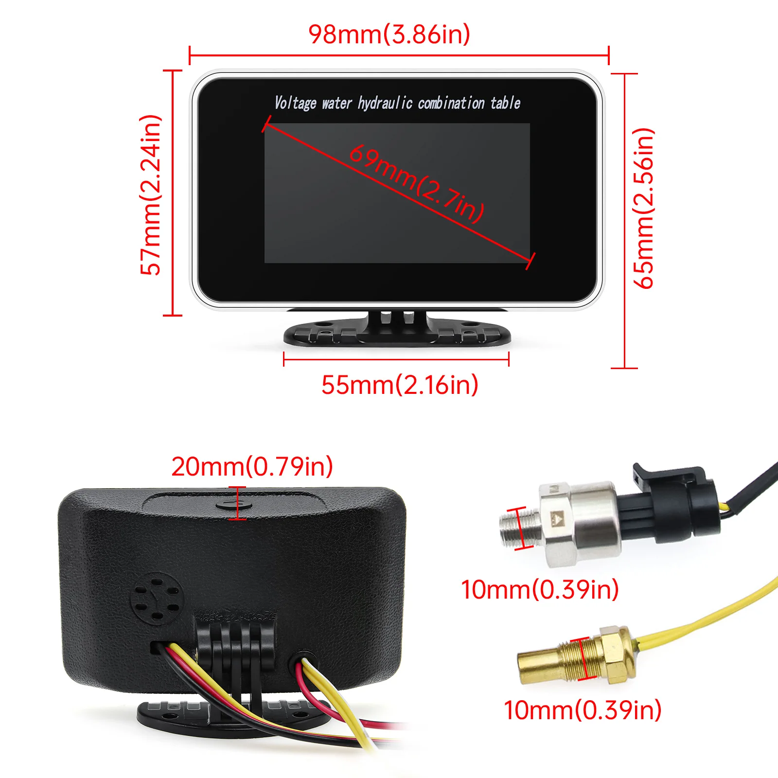 3 In 1 LCD Car Digital Oil Pressure Gauge Voltmeter Water Temp Meter 1/8 NPT Oil Pressure Sensor + Water Temperature Sensor 10mm