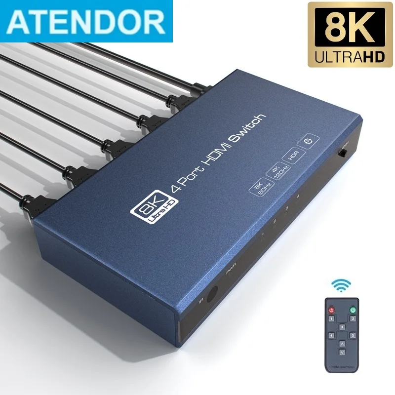 

8K HDMI-compatible Switcher Selector 4x1 48Gbps 4 Ports HDR 10+ Ultra HD Dolby Vision Remote Control for PS5 Xbox TV BOX HDTV