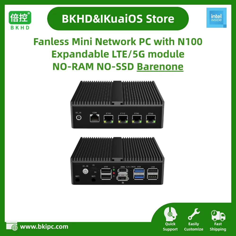 Fanless Mini Network PC Integrated Intel N100 4x2.5G Ethernet Barebones NO RAM NO SSD Expandable LTE 5G Module G30W-1264NP4L5G