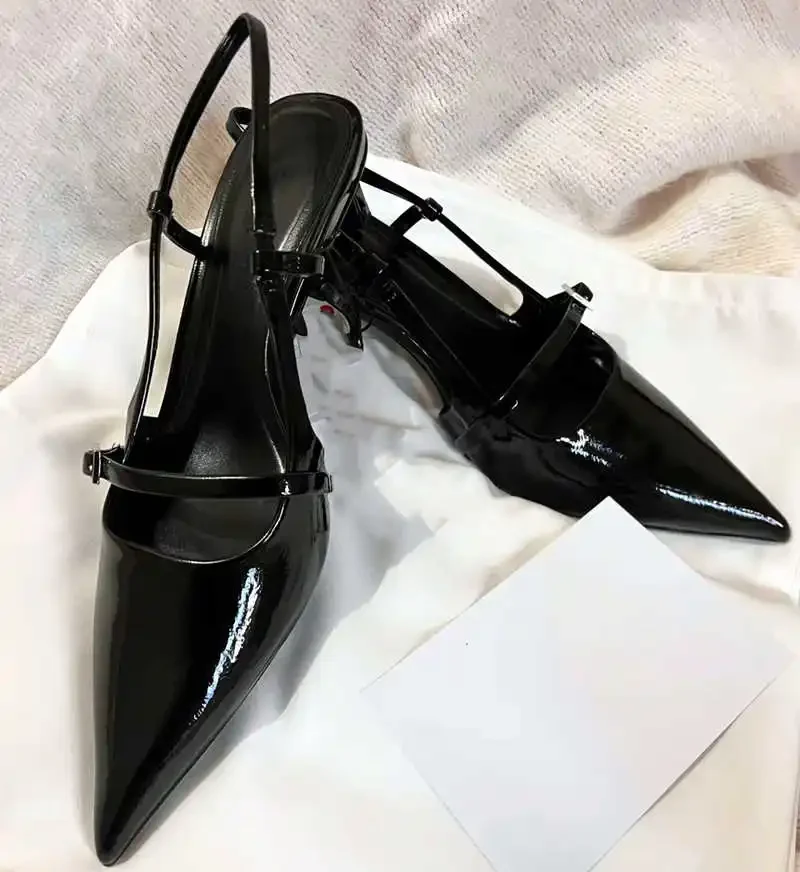 Sexy Pointed Toe Sandals Women Summer Red Thin High Heels for Women Patent Leather Back Trip Strap Mules Wedding Pumps