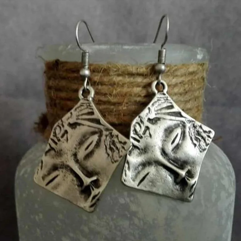 

Retro Tribe Carved Face Earrings Ethnic Silver Color Metal Square Pattern Dangle Earrings for Women