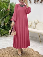 ZANZEA Women Muslim Fashion Dresses Elegant Long Lantern Sleeve Loose IsIamic Vestidos Kaftan Solid Pleated Sundress Robe Femme