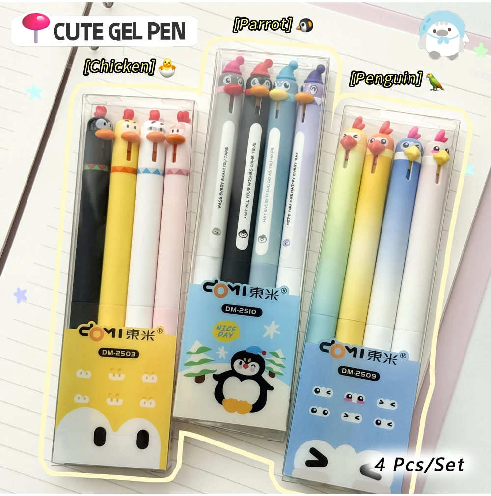 4 Teile/satz Kreative Pinguin Papagei Design Gel Stifte 0,5mm Schwarz Feine Spitze Einziehbare Schnell Trocknende Glatte Schreiben Stifte schreibwaren – Detail 2