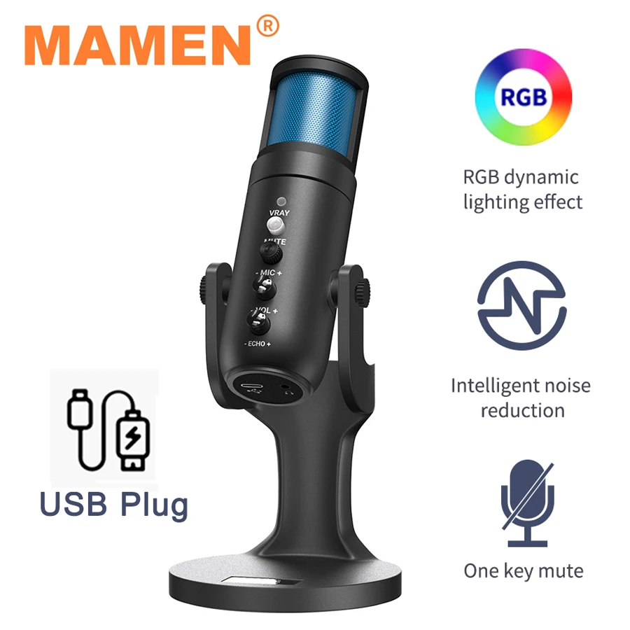 

MAMEN USB Microphone with RGB Dynamic Light for Computer Laptop Mobile Phone PS4 for Gaming Live Streaming Karaoke Microphone