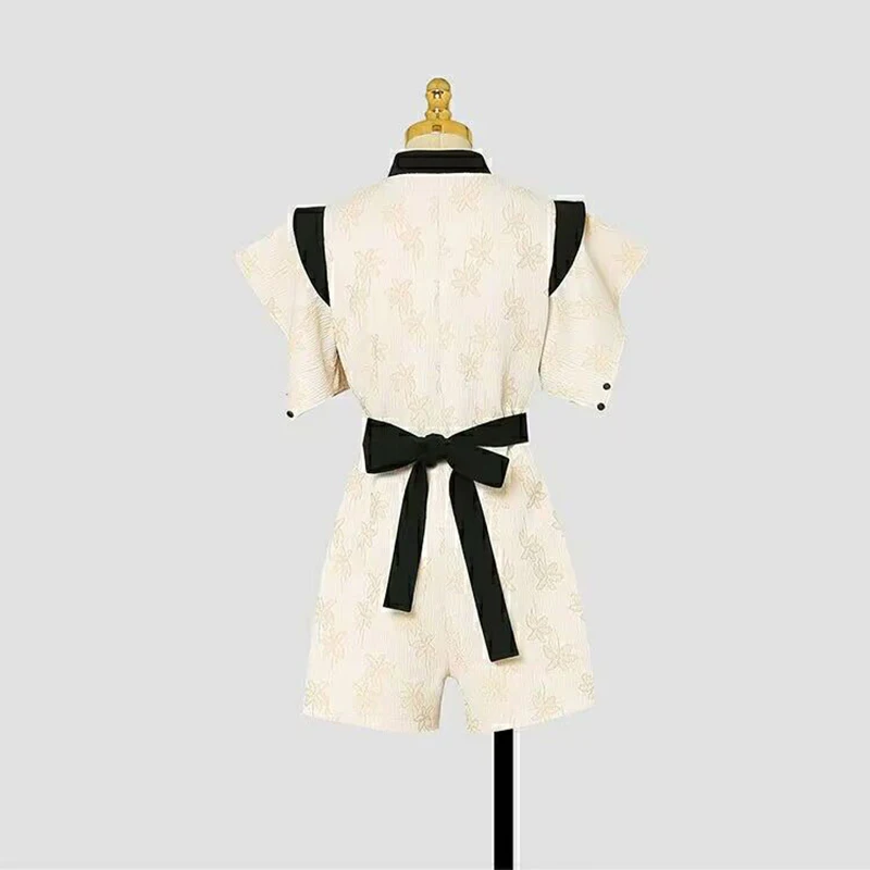 summer new stand collar elegant fashion ruffles patchwork playsuit female chinese style short sleeve patchwork jumpsuit women