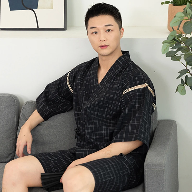 Men Summer Japanese Kimono Set Half Sleeve Shorts Suit Striped Solid Color Sleepwear Spa Sauna Bath Wear Korean Casual Pajamas
