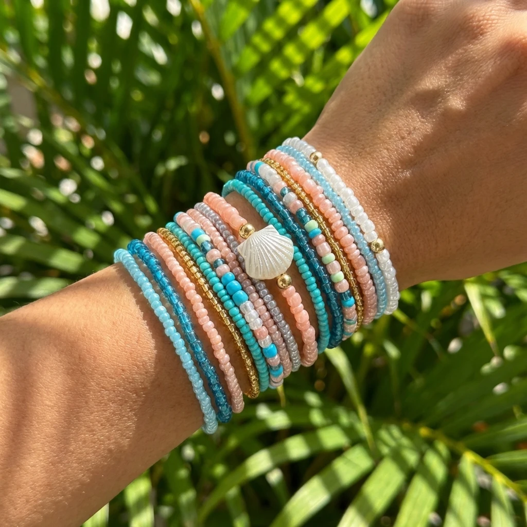 17-teiliges Boho Muschel-inspiriertes Perlenarmband-Set für Frauen Pastellfarbener Mehrlagiger Handgelenkschmuck Sommer Strand Urlaub Accessoires