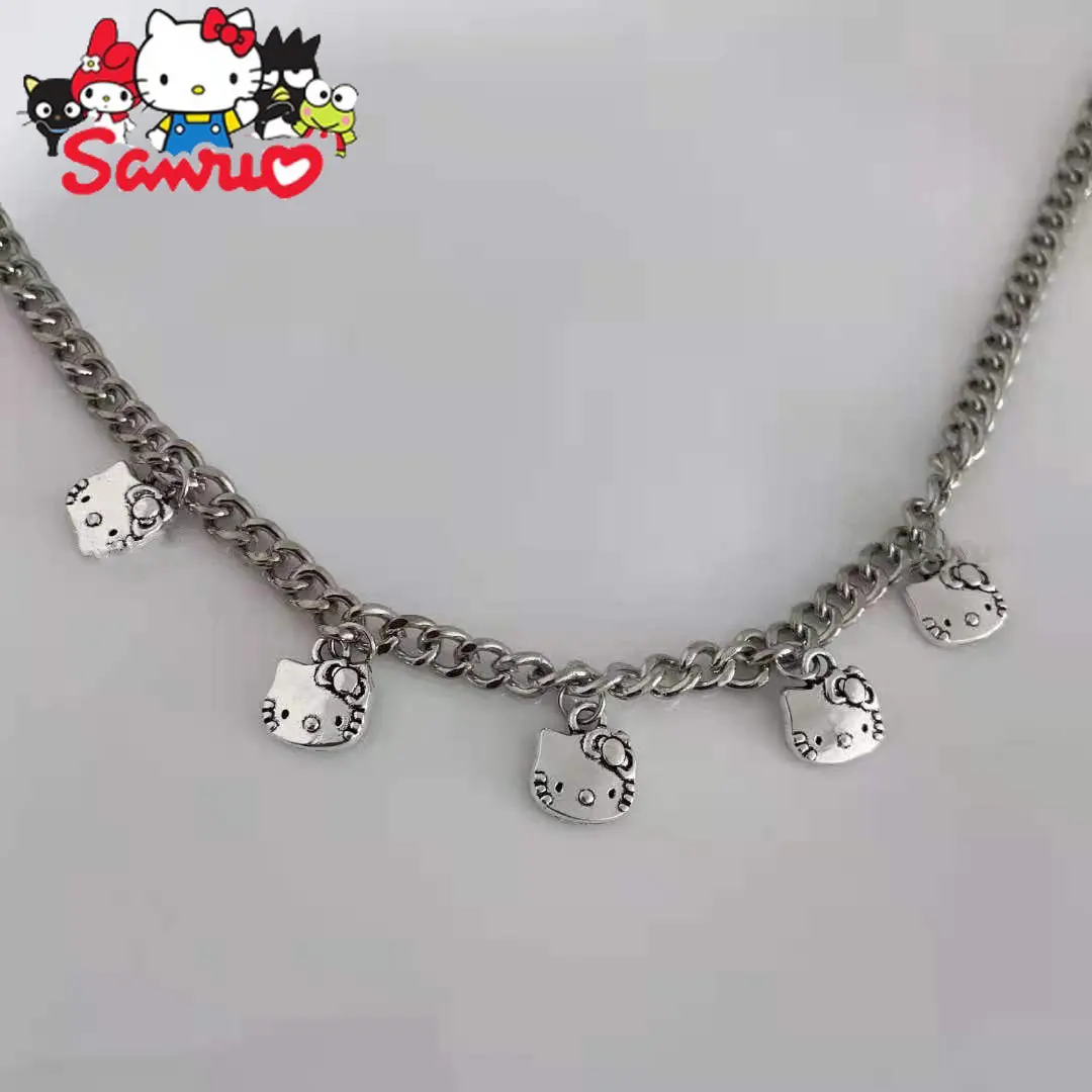 Sanrio Hello Kitty Necklace Ring 2K Kuromi Melody Chain Alloy Silver Crystal Female Charm Rhinestone Goth Jewelry Valentine Gift, Women's, Size: One