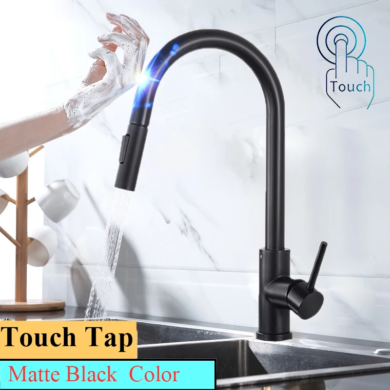 White Touch Kitchen Faucets with Stainless Steel Pull Out Kitchen Mixer Tap Single Handle Pull Down Sensor Touch Kitchen Faucet new kitchen sink Kitchen Fixtures