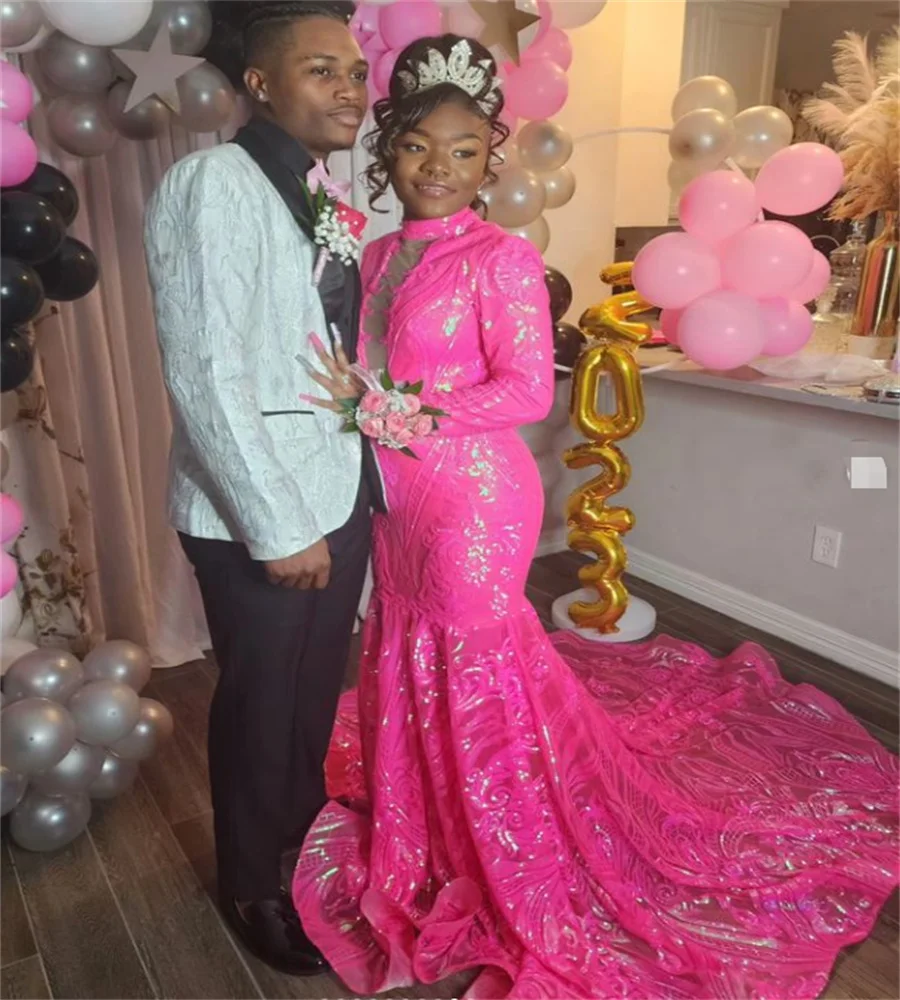 

Luxury Sequins Prom Dresses For Black Girls 2024 Mermaid High Neck Sweet 15 Birthday Party Dresses Formal Occasion Evening Gown