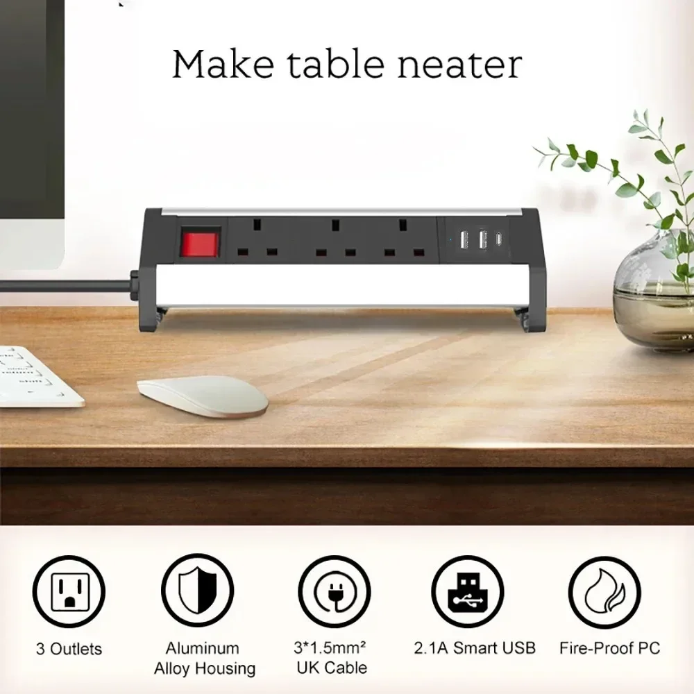 Melery Table Clip Power Strip Clamp British Sockets USB Type-c Electrical UK Plugs 3 Outlet Conference Desk Kitchen Home Office