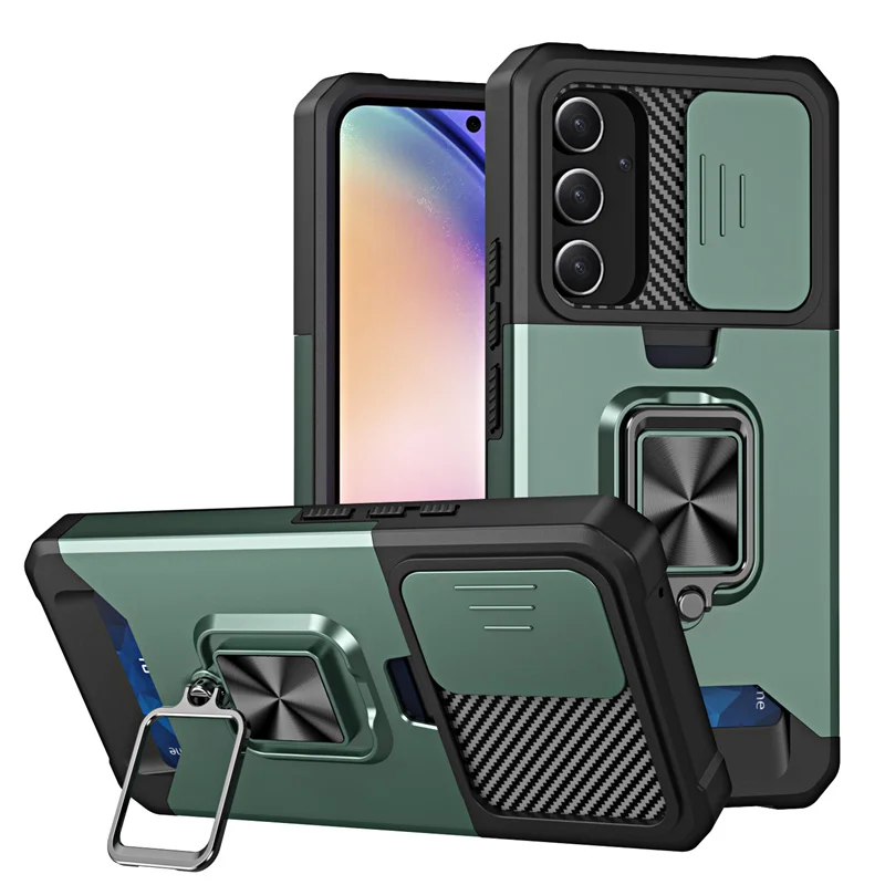 Sleek Armor Case with Slide Lens Protector and Card Holder Slot