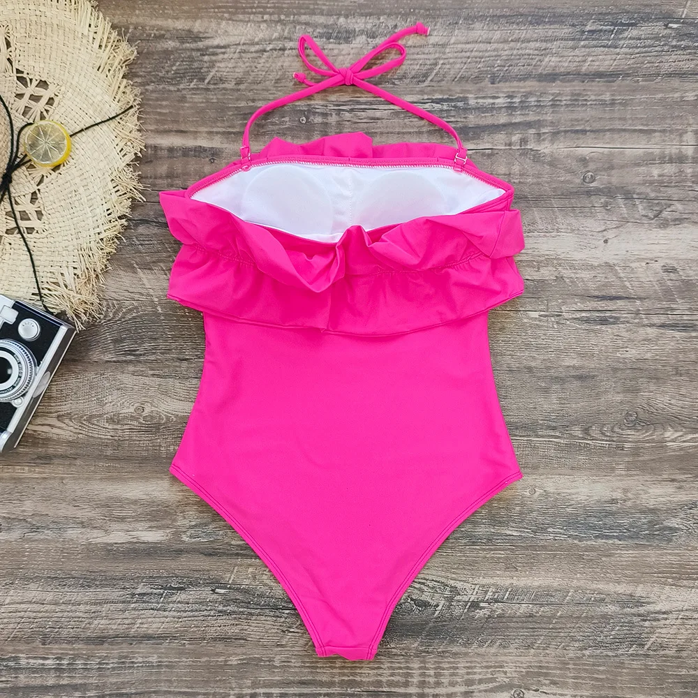 Strapless Backless One-piece Swimwear Women's New Hanging Neck Foreign Trade Sexy Swimsuit Solid Color High Waist Bikini Summer
