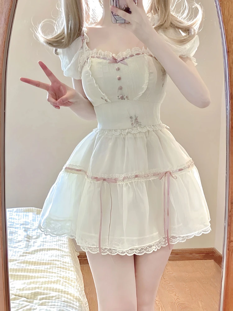 LUV IS TRUE★韓国★人気★PA FRILL WARP SKIRT 2色 レース Sweet Square Neck 2 Piece Dress Set Women 2023 Summer Short