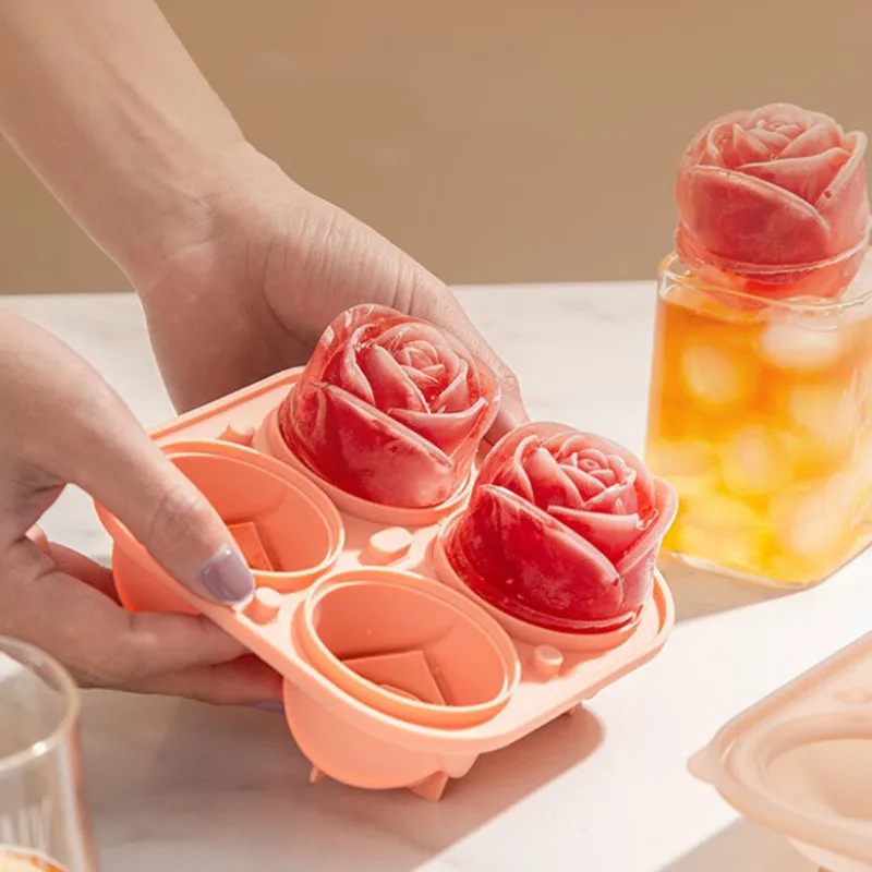

4-grid Rose Flower Ice Cube Maker Ice Mold Silicone Cake Mould Tray with Lid Easy Release Ice Stencils Ice Rose Shape Maker