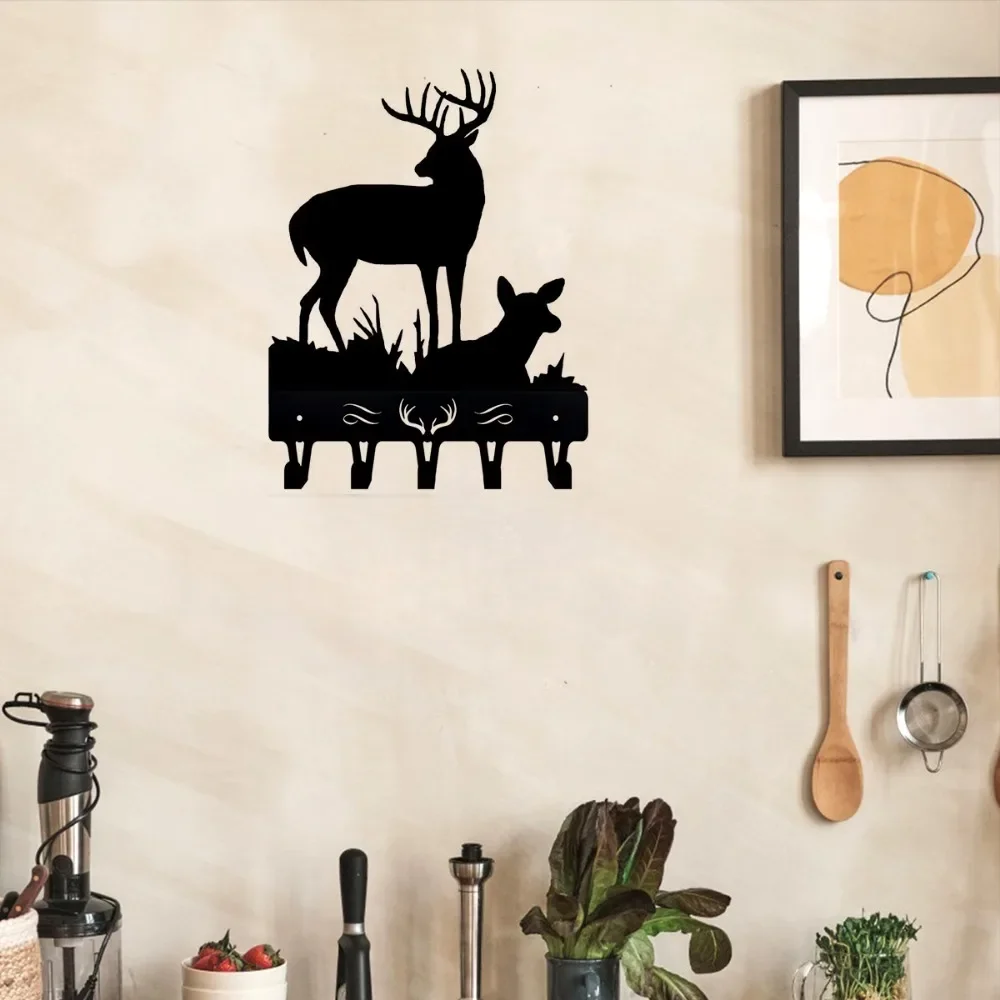 1pc Iron Crafts, Deer Family Key Rack Hanger - 6 inch Wide Metal Wall Art Wall-mounted，Hooks，Key holder，key hanger，Towel Rack 3