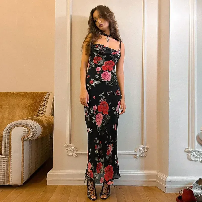 

2024 Fashion Strap Sexy High Street Actress Elegant Printed Flower Camo Long Dress Maxi Dress Beach Casual Robe CSM28YY24017