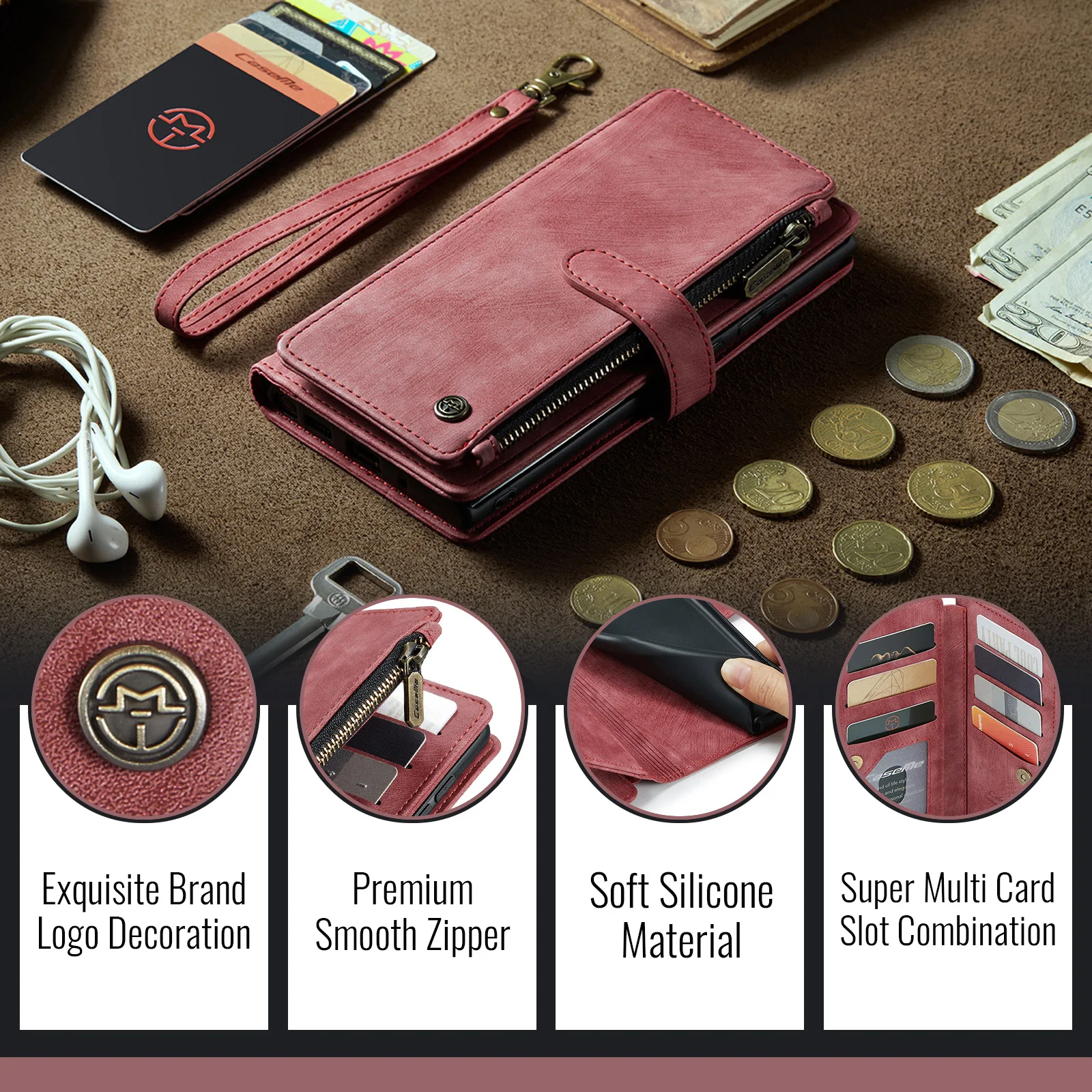 Zipper Flip Wallet Leather Phone Case with Lanyard and Wireless Charging Capability