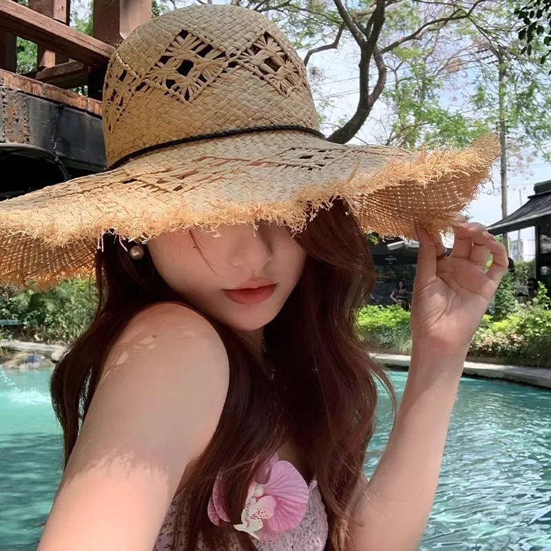 Summer Women'S Flap Beach Hat Bow Hollow Large Brim Sun Shade Sunscreen Raffia Straw Hat Women'S Handmade Straw