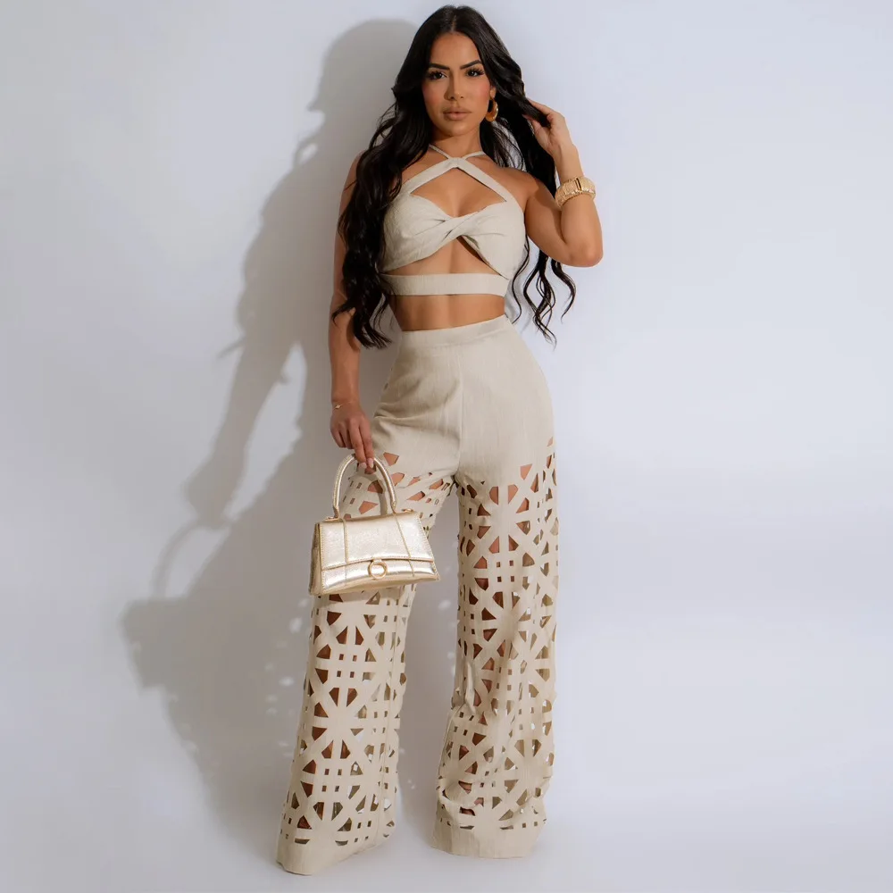 Soild Casual Two-piece Set  for Women 2024 Summer Fashion Sexy Halter Camis Crop Top Hollow Out Wide Leg Pants Streetwear