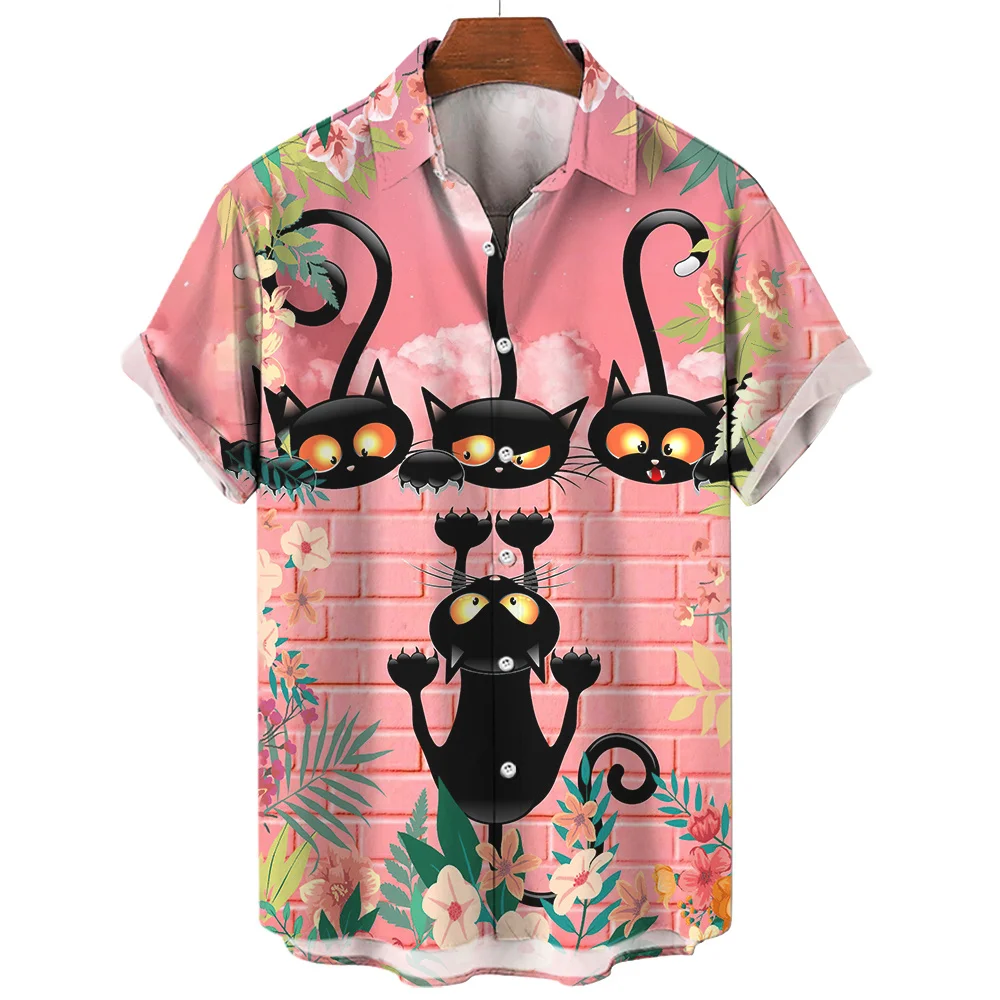 thumbnail image 1 of Camisa hawaiana para hombre 2024, estampado abstracto de gato, camisas de manga corta, camisas holgadas de gran tamaño, camisetas casuales de playa de verano unisex, 1 of 5