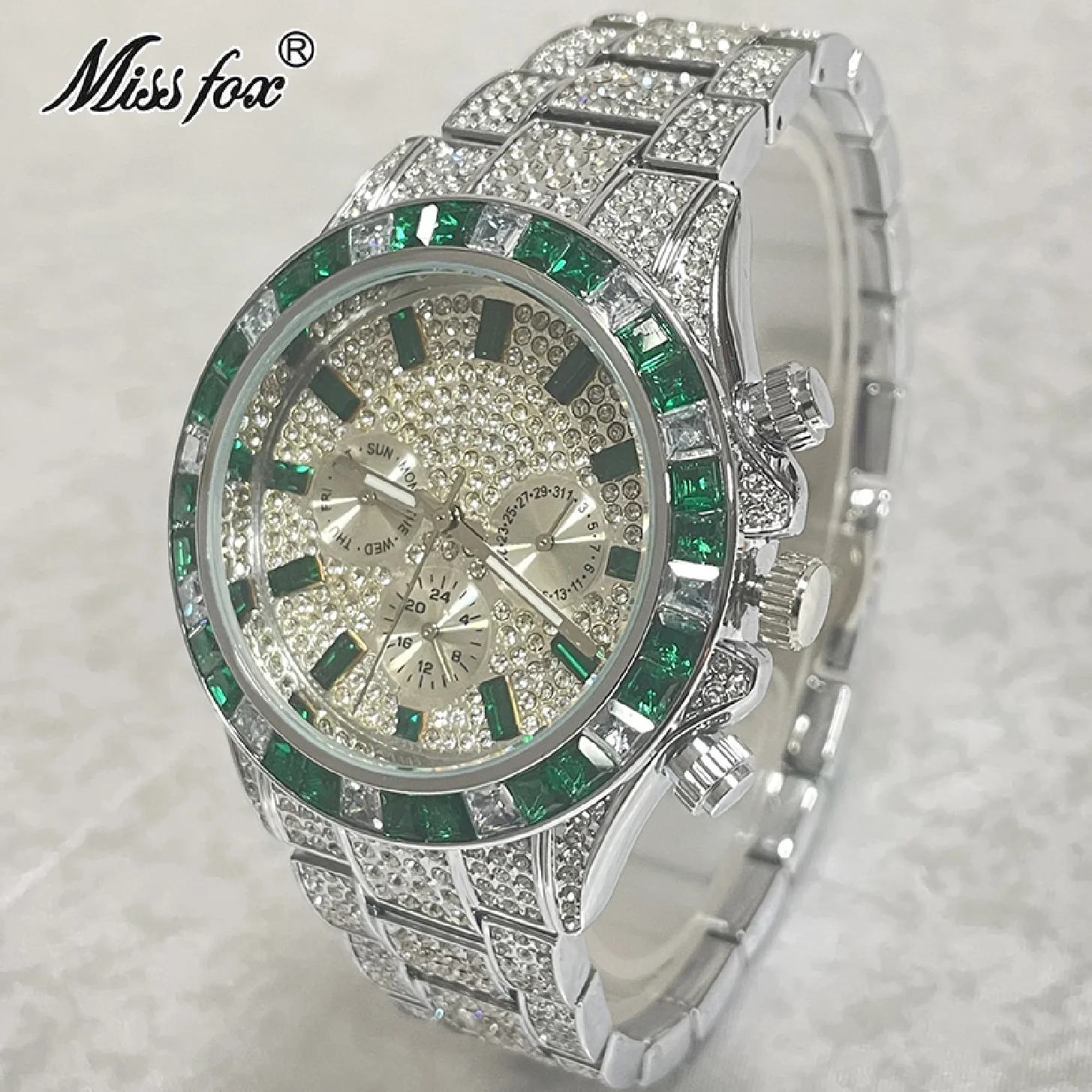 

Luxury Brand New Sliver Green Watches Men Fashion Iced Out Hip Hop Waterproof Watch Moissanite Jewelry Clocks Male Reloj Hombre