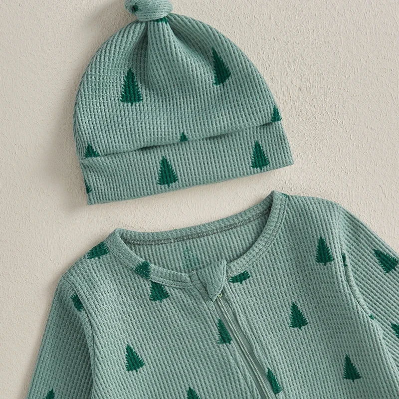 0-12Months Baby Boy Christmas Jumpsuit Christmas Tree Print Long Sleeve Zip-Up Footed Romper Knot Hat 2 Piece Set