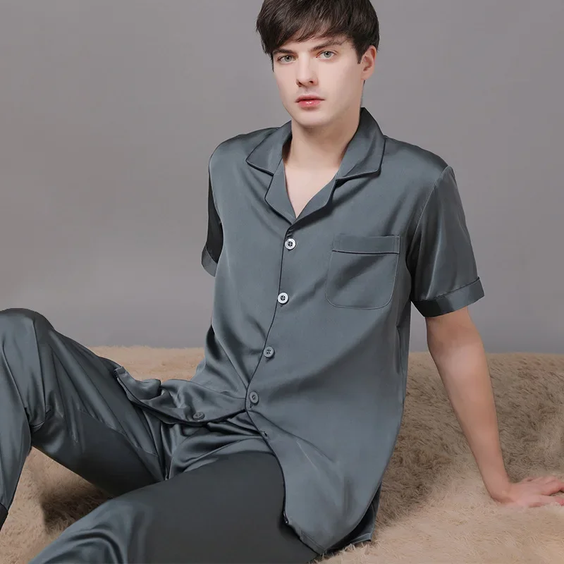 High Qaulity Pajamas Suit Men Summer New Short-sleeved Trousers Sleepwear Spring Summer Imitation Ice Silk Loungewear Solid Gent