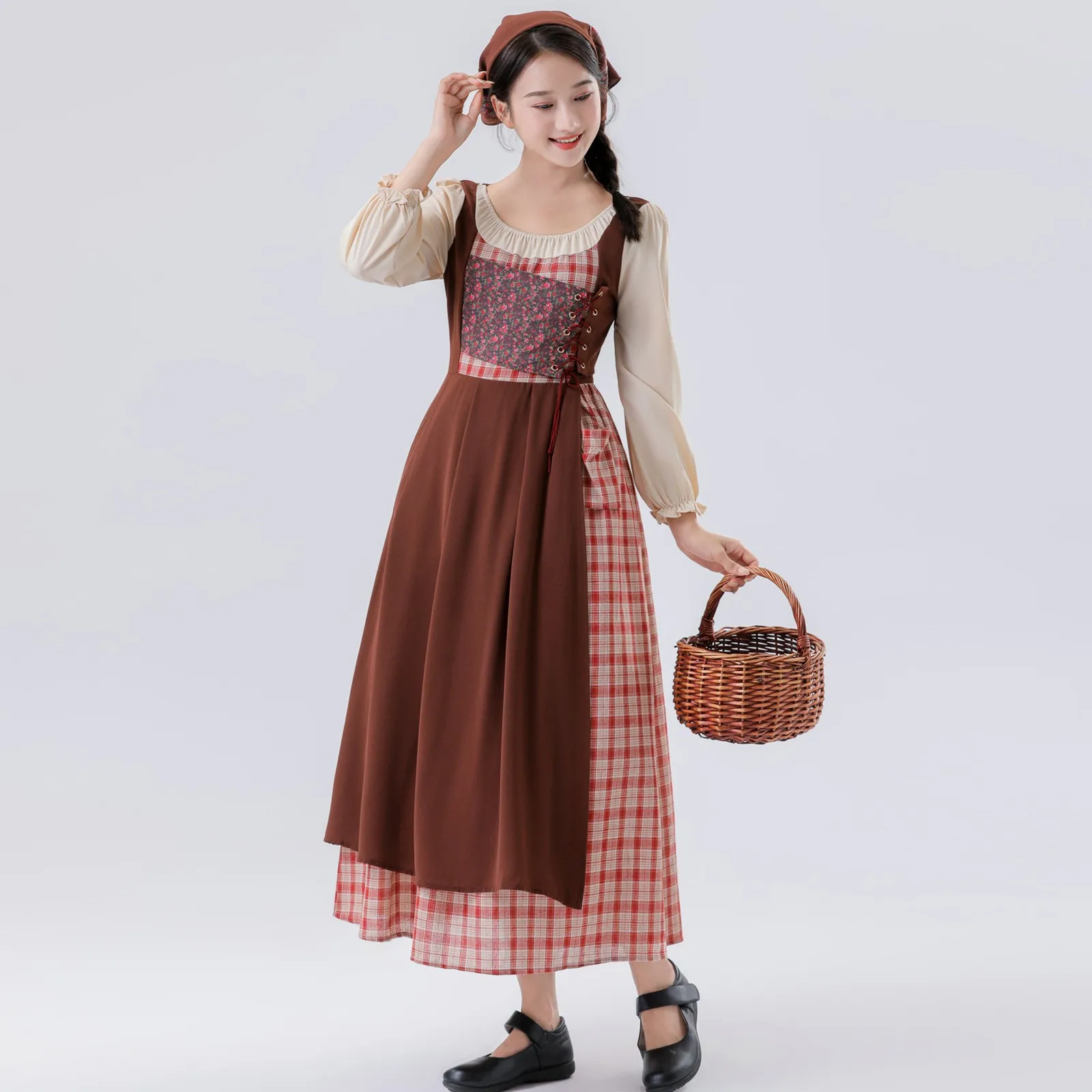 Damen Temperament pastoralen Stil frische Patchwork Langarm A-Linie Rock Plaid und Blumen Spleißen hohe Taille U-Ausschnitt Kleid – Detail 10