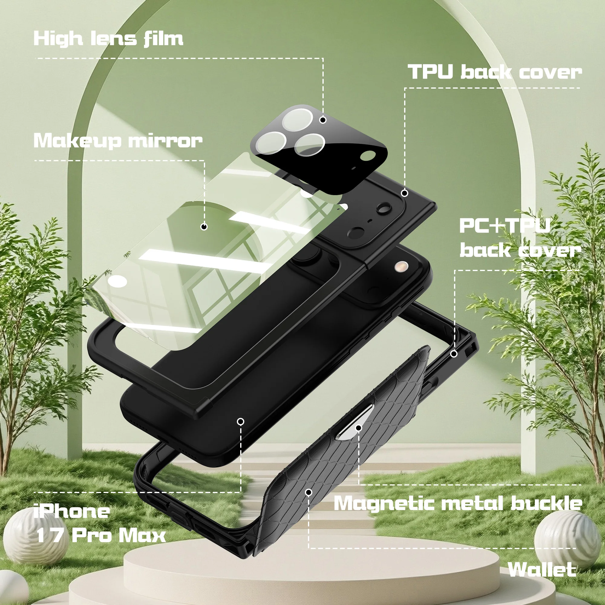 Anti-fall IP68 Waterproof Phone Case & Magnetic Concealed Mirror Card Bag & Crossbody Phone Bag For iPhone 17 Pro/17 Pro Max