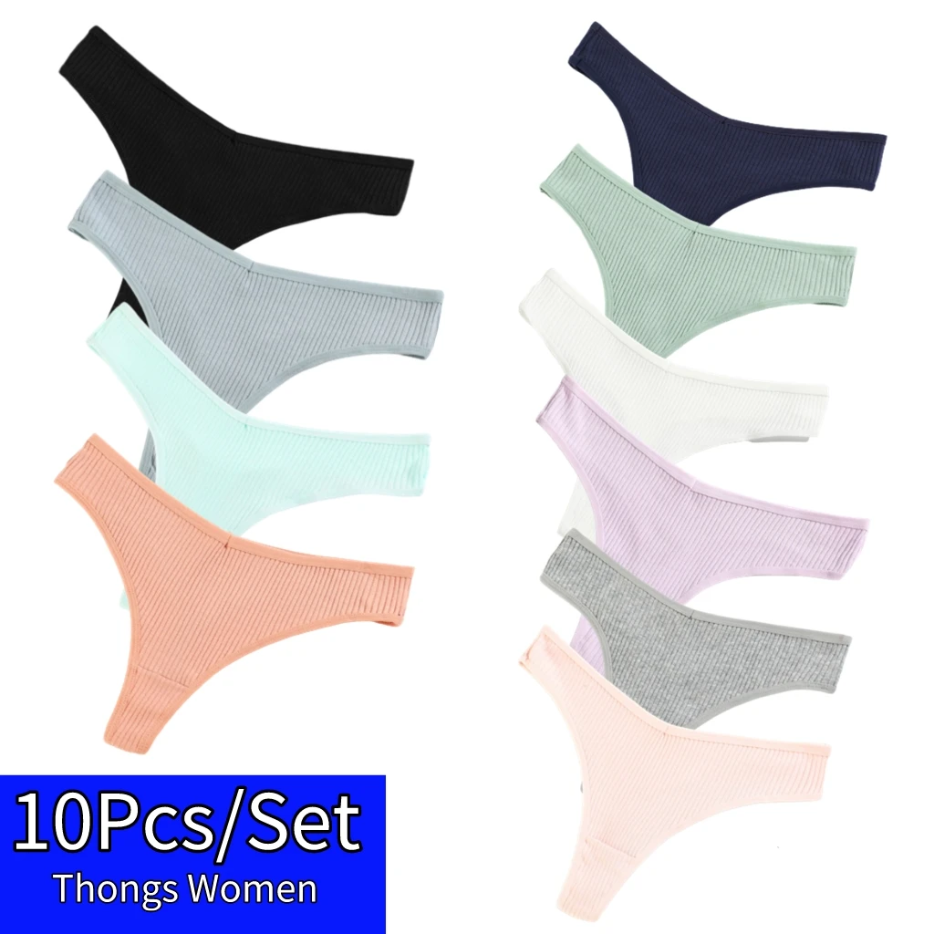 

10Pcs Women Cotton Thongs M-XXL Plus Size Black Sexy Female Underwear 10 Color Solid Low Waist Ladies Panties трусы женские Hot
