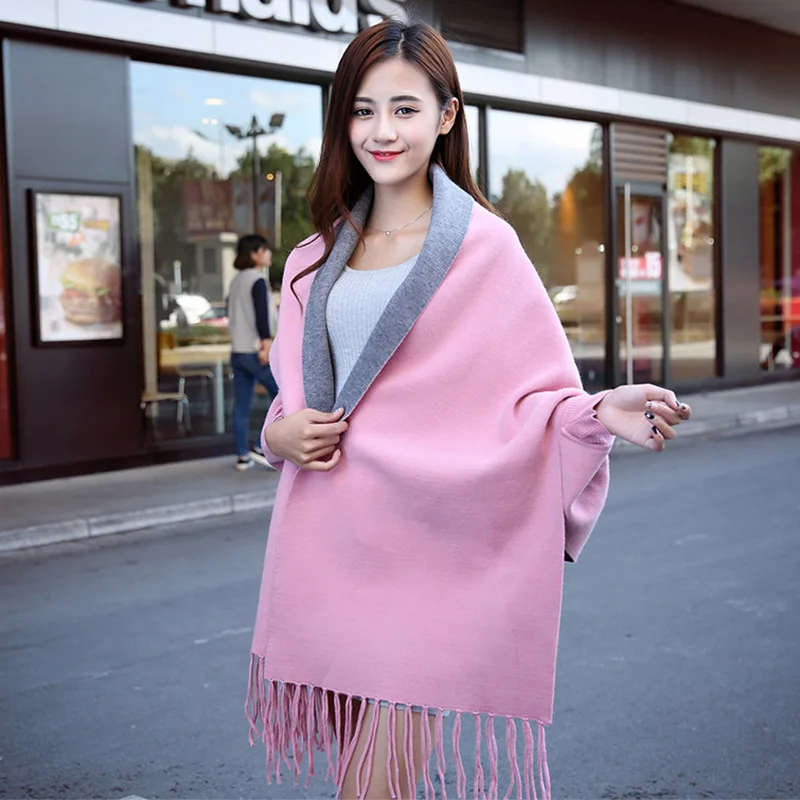 

Осенне-зимняя утолщенная теплая шаль с ремнем и рукавами двухсторонний шарф женская накидка двойного назначения пончо женские накидки розовая накидка