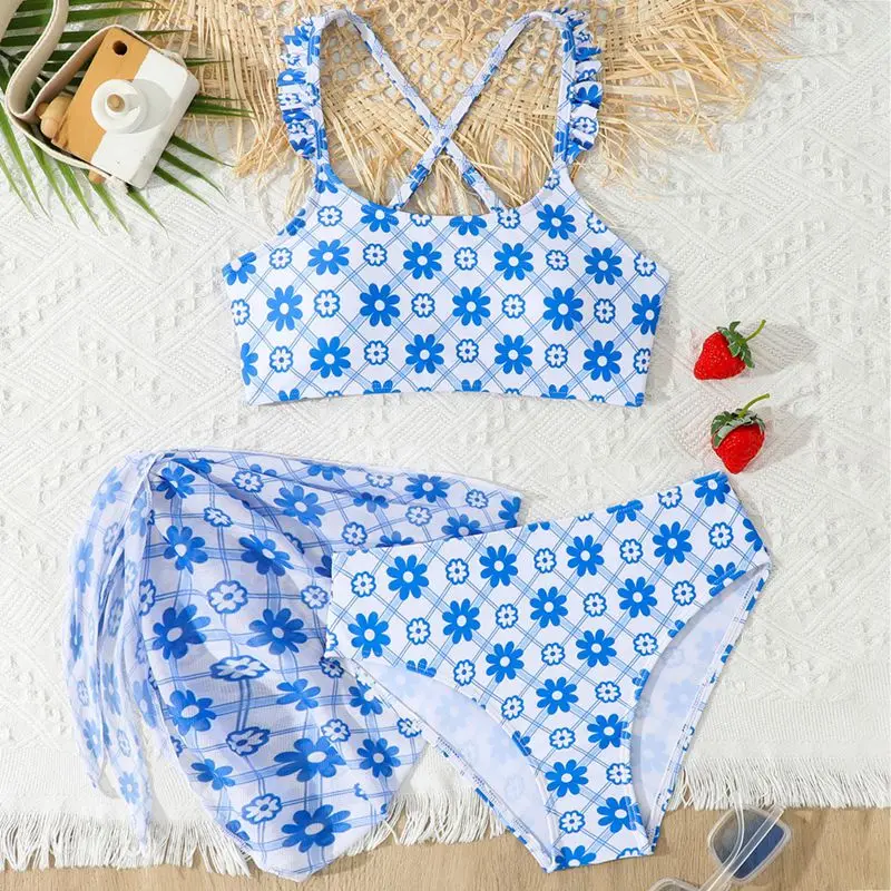 3pack Children Girls Blue Flower Printed Bikini Sets 8-12 Years Kids Swimsuit Skirts Swimwear Teens Beach Bathing Suit